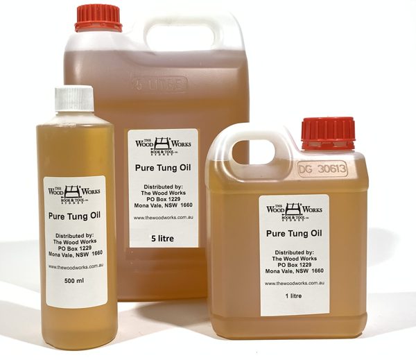 Pure Tung Oil in 500 ml bottle, 1 litre and 5 litre jerry cans
